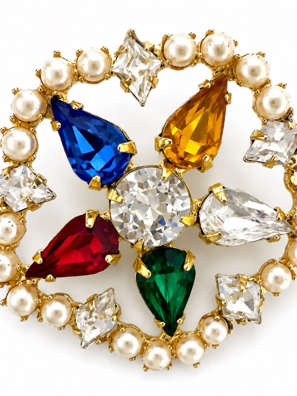 Vintage B David Brooch Multicolor Rhinestone Faux Pearl Gold Tone Wreath Signed